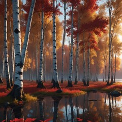 Wall Mural - A beautiful birch grove on the edge of a lake at sunset. 