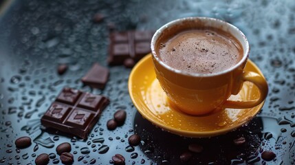 Poster - Enjoying a cup of foamy black coffee with a chocolate piece on a rainy day