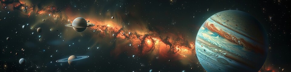 Wall Mural - a blue space illustration with planets and moons.