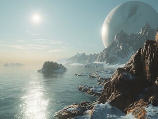 a blue space illustration with planets and moons.