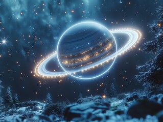 Wall Mural - a blue space illustration with planets and moons.