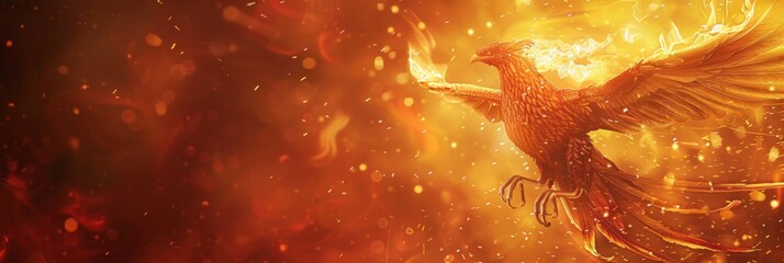 Phoenix bird fire fantasy firebird abstract magic 3D eagle animal. Phoenix bird fire tale character illustration render hawk fairy wings graphic feather gold background fenix logo icon red art pheonix