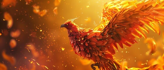 Poster - Phoenix bird fire fantasy firebird abstract magic 3D eagle animal. Phoenix bird fire tale character illustration render hawk fairy wings graphic feather gold background fenix logo icon red art pheonix