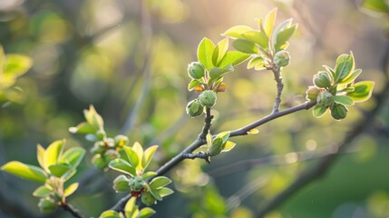 A garden grown tree reveals budding fruit among new leaf growth