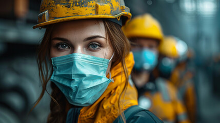 Wall Mural - Industrial workers with face masks protected against corona virus discussing about production in factory. People working during COVID-19 pandemic