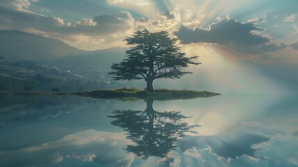 Wall Mural - A tall cedar tree reflected in a lake with sky and clouds at sunset. 