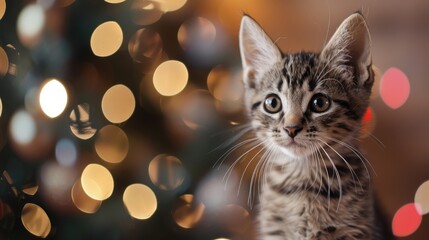 Wall Mural - Close up of a cute kitten on a Christmas background