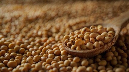 Poster - Close up of soybeans with a wooden spoon and cup