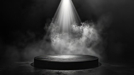 Wall Mural - A spotlight shines down on a dark, smoky stage. Podium black dark smoke background product platform abstract stage texture fog spotlight.