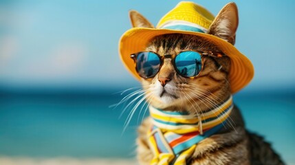 fashionable feline smiling kitty cat in sunglasses and summer outfit holiday photography