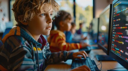 focused children coding on computers with colorful syntax in a sunlit classroom digital education concept