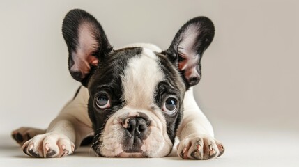 Wall Mural - Amusing French bulldog puppy on a light background