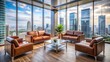 © DigitalArt Max - Empty modern office waiting area with leather chairs, glass coffee table, and cityscape view through floor-to-ceiling windows, awaiting job interviewees arrival.