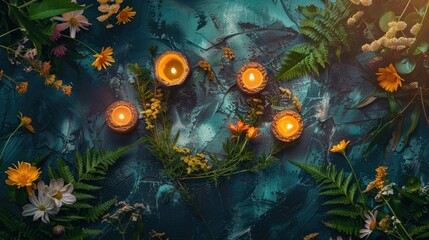 Wall Mural - Enhance your space with a captivating Wiccan altar adorned with candles flowers oak and fern leaves set against a mystical dark abstract backdrop Immerse yourself in the enchanting world of