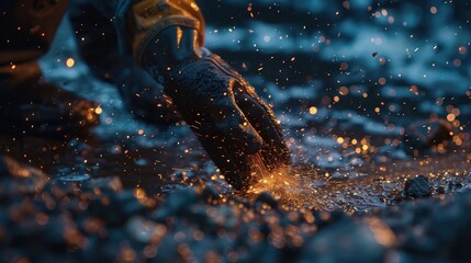 Canvas Print - Person wearing gloves and cleaning a metal object with sparks flying