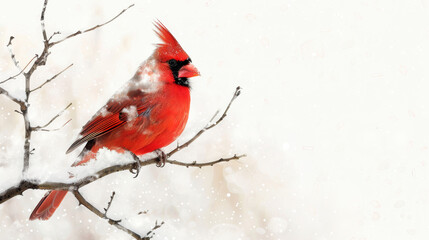 Single bright red cardinal is perched on a snow covered branch during a winter snowstorm