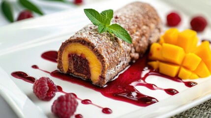 Canvas Print - Dessert of nut roll with raspberry and mango sauce served on a white dish