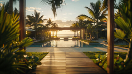 Poster - View from the wooden deck of the infinity pool on the beach, ocean and tall palm trees