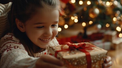 Wall Mural - Happy Daughter Giving Christmas Present to Smiling Mother

