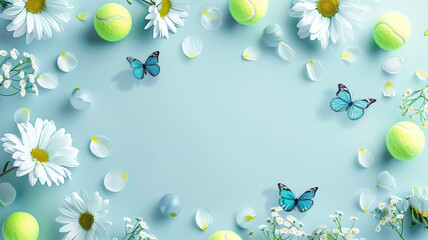 Tennis ball with pretty flowers and beautiful swallowtail butterfly, copy Blue banner background with space,Generative AI.テニスボールと可愛い花と綺麗なアゲハ蝶、コピー スペースのある青色のバナーの背景,Generative AI。