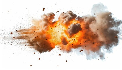Wall Mural - realistic explosions with fire smoke and debris isolated on white background action movie special effects concept