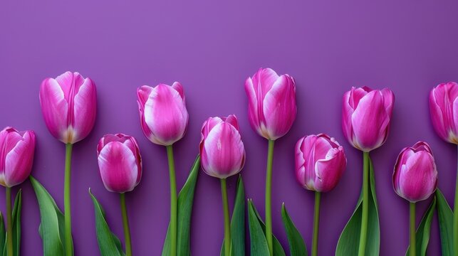 Pink tulips on violet background for Women s day card Text space