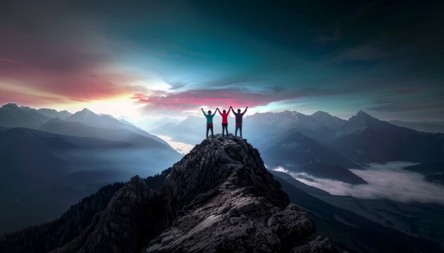Three Climbers Celebrating on Mountain Peak
