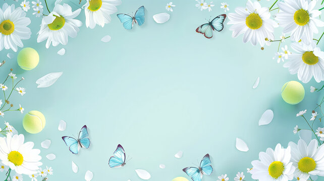 Tennis ball with pretty flowers and beautiful swallowtail butterfly, copy Blue banner background with space,Generative AI.