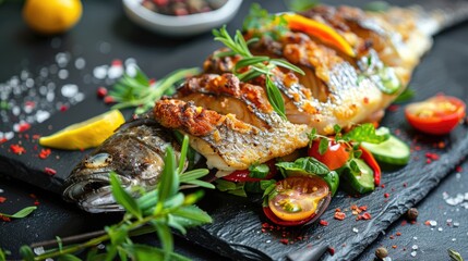 Tempting image of crispy fish adorned with veggies and seasonings on a black stone dish with herbs