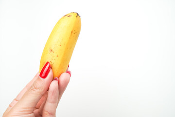 Canvas Print - Hands of a woman with bright red nail polish holding small sized banana fruit isolated on white background. Illustration for sex workers, sexual scenes, and male genitalia penis.