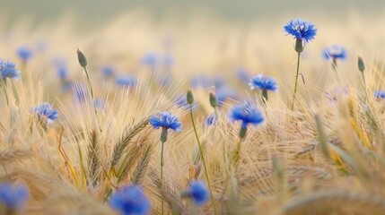 Wall Mural - Barley field with cornflower in bloom during summer