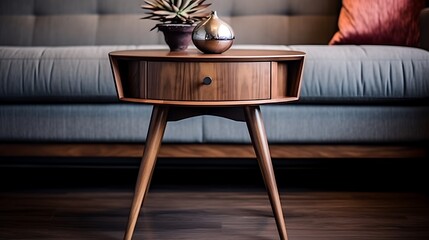 Wall Mural - A mid-century modern side table featuring tapered legs and a sleek walnut finish, complementing a retro-inspired living space