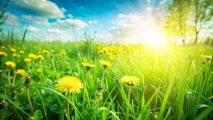 Wall Mural - Beautiful meadow field with fresh grass and yellow dandelion flowers in nature against a blurry blue sky with clouds. Summer spring perfect natural landscape