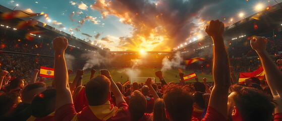 Wall Mural - Spain EURO football supporter on stadium. Spain fans cheer on soccer pitch watching winning team play. Group of supporters with flag and national jersey cheering for Spain. Championship victory