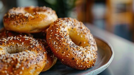 Wall Mural - Close up of several delectable bagels on a plate with a pleasing backdrop