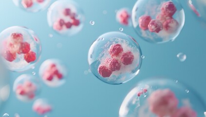 Poster - A bunch of pink and clear spheres with one of them being red