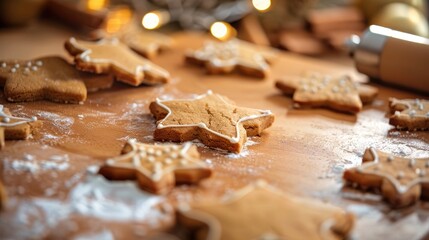 Wall Mural - Cookie dough pieces on a wooden surface Making Gingerbread Cookies for Christmas