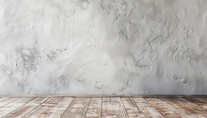 Poster - textured white concrete wall with wooden floor blank background for copy space interior design