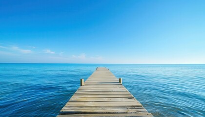 Wall Mural - tranquil wooden pier stretching into calm blue sea with clear sky serene seascape background