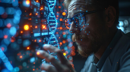 Wall Mural - medicine doctor holding blue helix dna structure on hologram modern virtual screen interface and dia