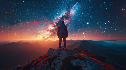 Wall Mural - milky way arch and man on the mountain peak at starry night. silhouette of alone guy, blue sky with 