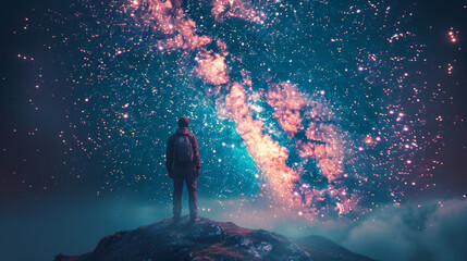 Wall Mural - milky way arch and man on the mountain peak at starry night. silhouette of alone guy, blue sky with 