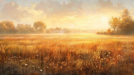 Wall Mural - Experience the fresh start of a new day Behold the mesmerizing sunrise over a golden meadow in autumn surrounded by a backdrop of beautiful ethereal gold light