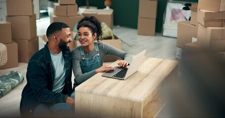 Sticker - New home, couple and laptop on table for moving, ecommerce and boxes in living room. Happy woman, man and together in house for choice, decision and options for interior with online shopping