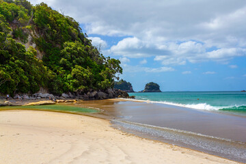 Wall Mural - White Sandy Beach, Landscape Scenery Whiritoa Beach at Coromandel Peninsula in the North Island of New Zealand