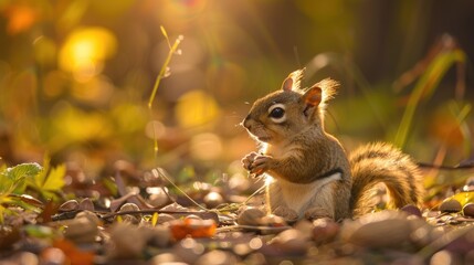Wall Mural - A tiny fox squirrel enjoying nuts while basking in the sunlight
