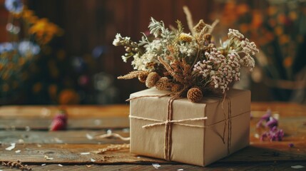 Wall Mural - Gift box on rustic table adorned with dried flowers for special occasions