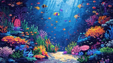 Wall Mural - Vibrant Underwater Pixel Art with Fish and Coral Reefs