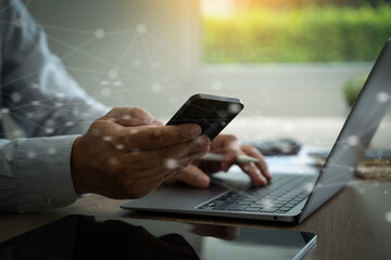man using mobile smart phone global network online Communication technology with global internet