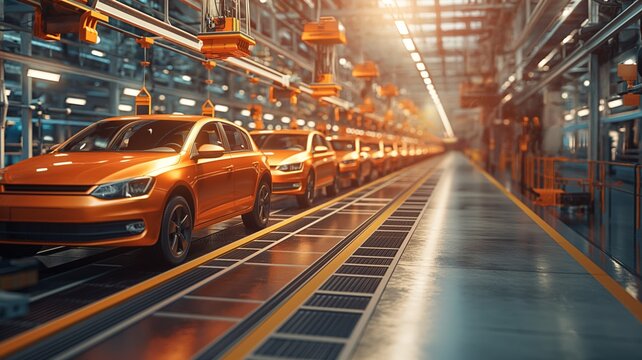 Automobile Assembly Line with Bright Orange Vehicles Under Industrial Lighting